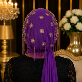 Bonnet Voile Fleur Brodé – Violet & Doré 💜✨