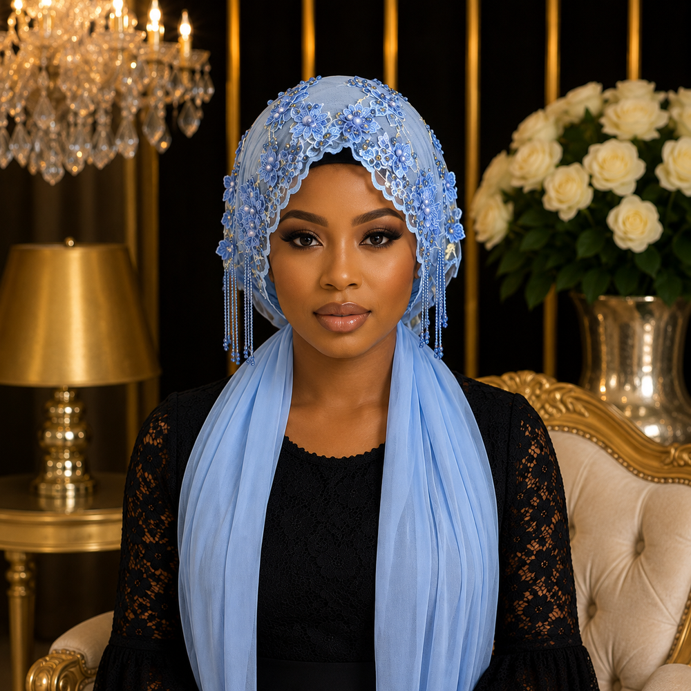 Bonnet Voile Floral Perlé – Bleu Ciel 💎🩵