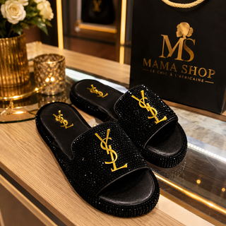 Sandales noires strassées - YSL doré