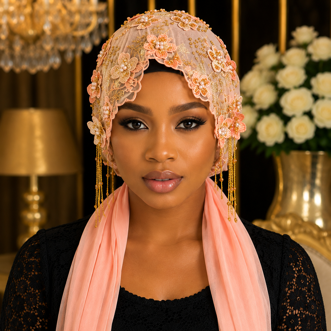 Bonnet Voile Floral Perlé – Pêche & Doré 🌸✨
