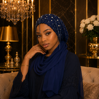 Bonnet Élégance Royal Bleu Nuit – Dentelle & Strass ✨
