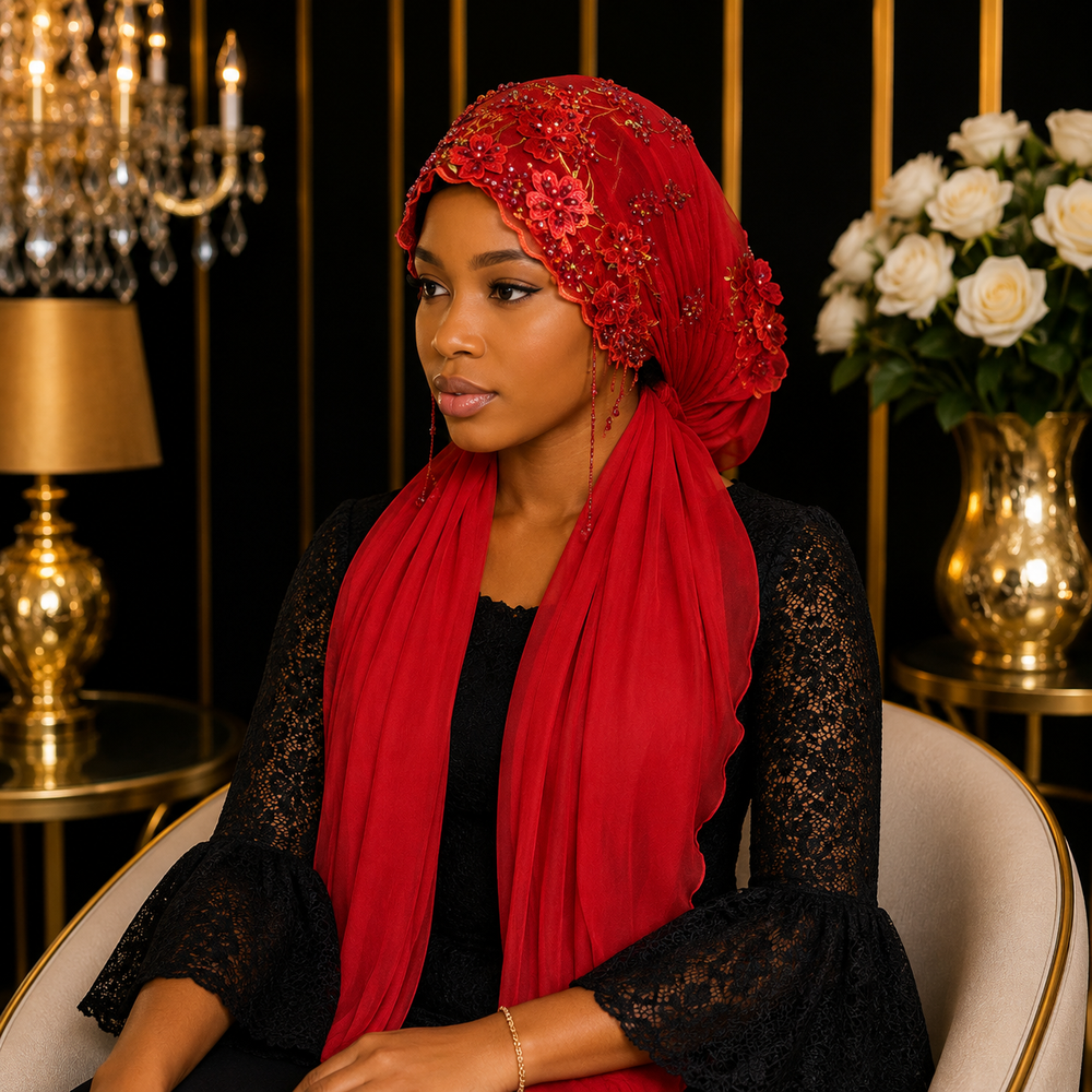 Bonnet Voile Élégance Florale – Rouge ❤️✨