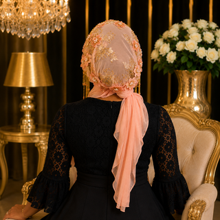 Bonnet Voile Floral Perlé – Pêche & Doré 🌸✨