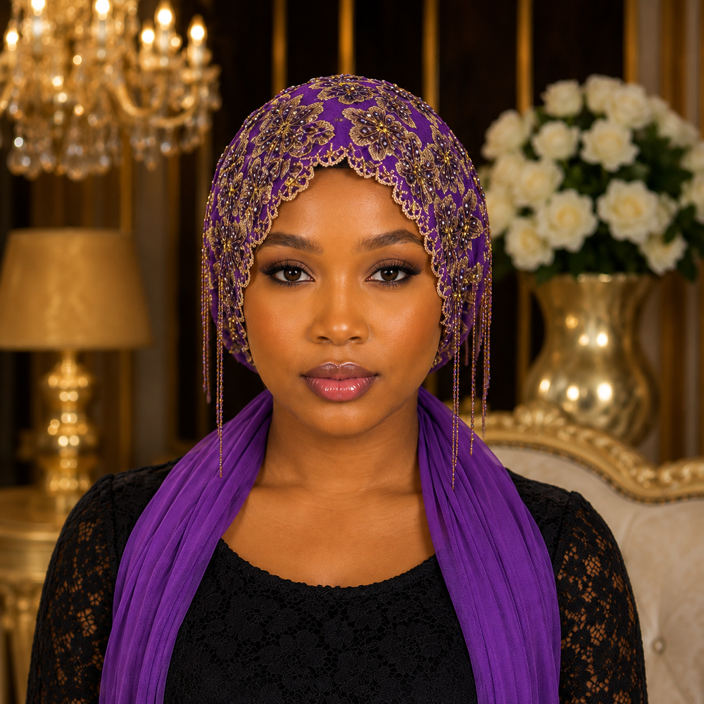 Bonnet Voile Fleur Brodé – Violet & Doré 💜✨