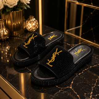 Sandales noires strassées - YSL doré