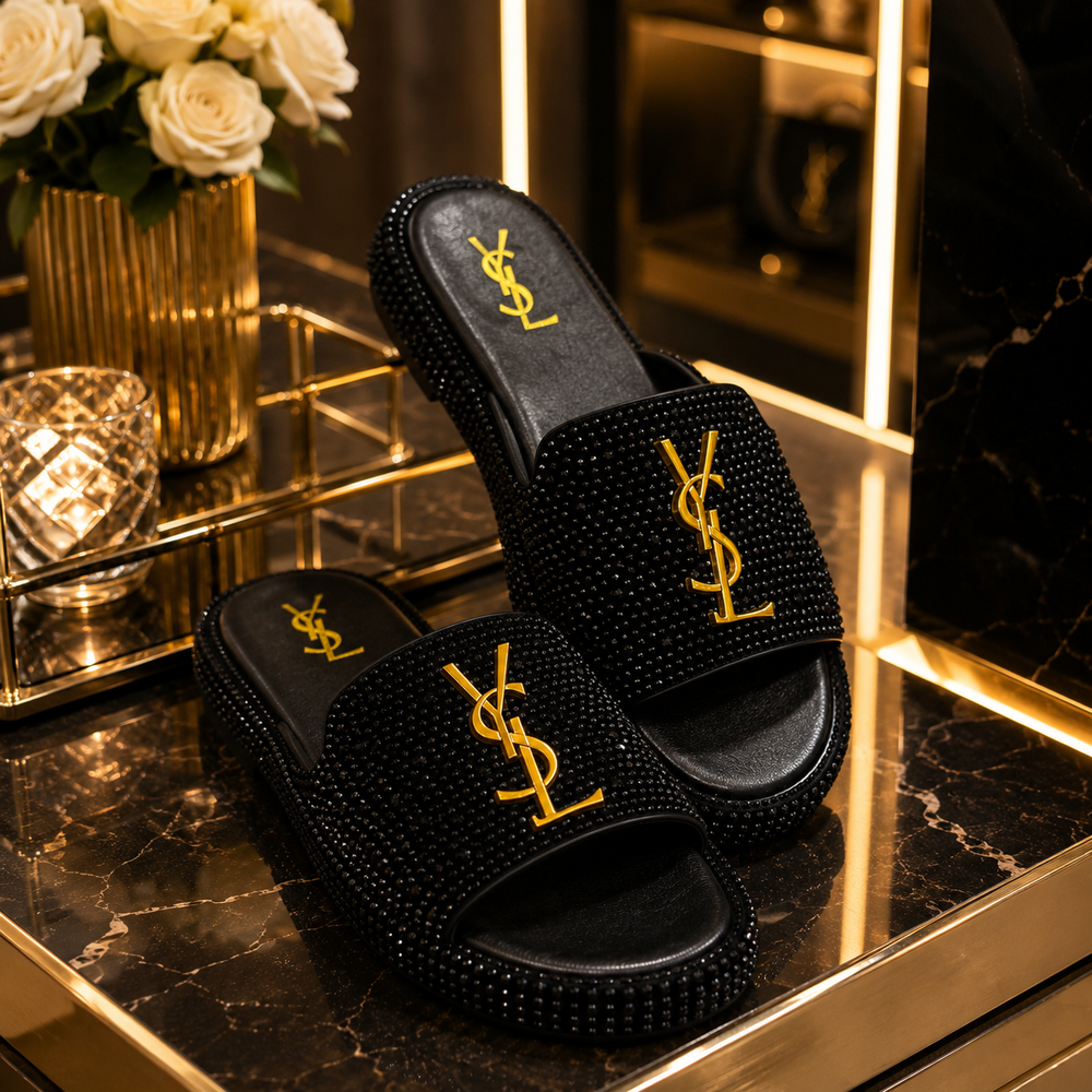 Sandales noires strassées - YSL doré