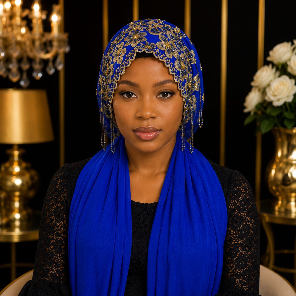 Bonnet Voile Prestige Royal – Bleu & Doré 💙✨