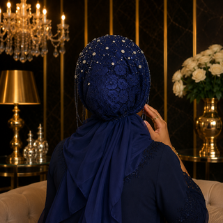 Bonnet Élégance Royal Bleu Nuit – Dentelle & Strass ✨