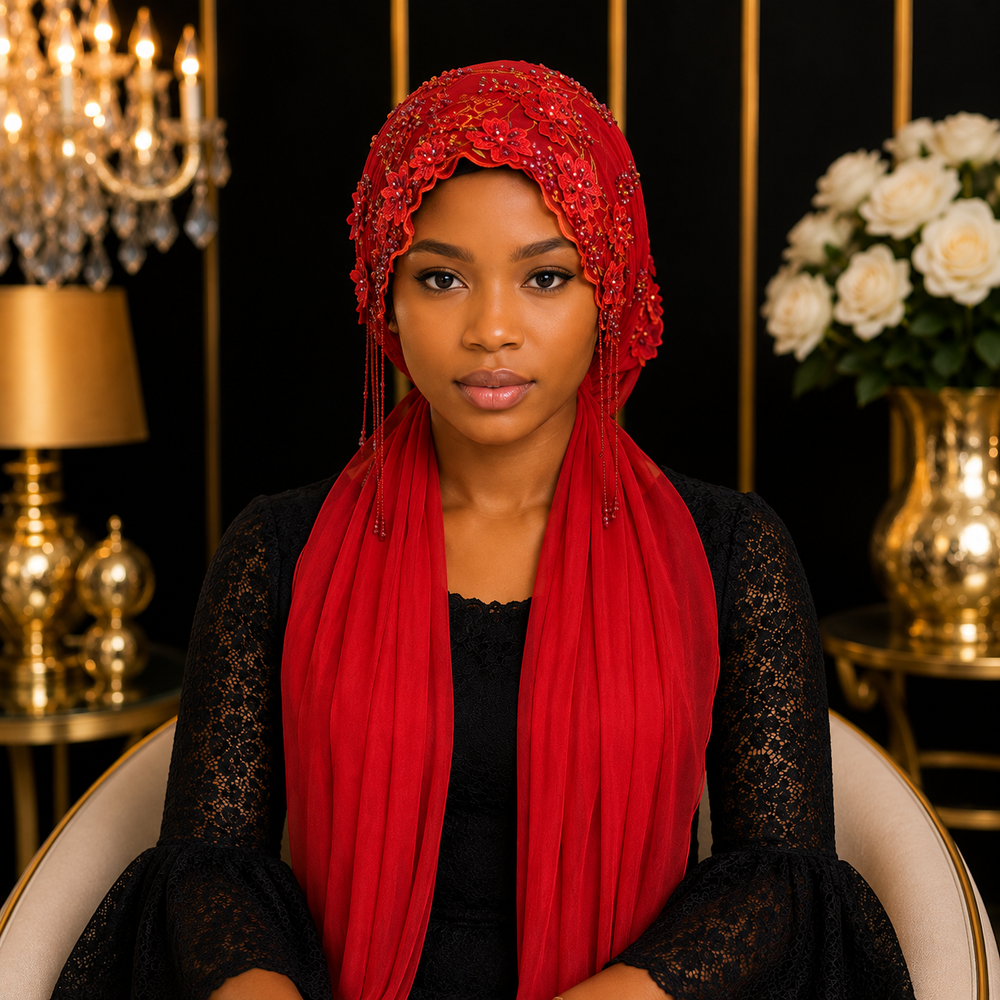Bonnet Voile Élégance Florale – Rouge ❤️✨
