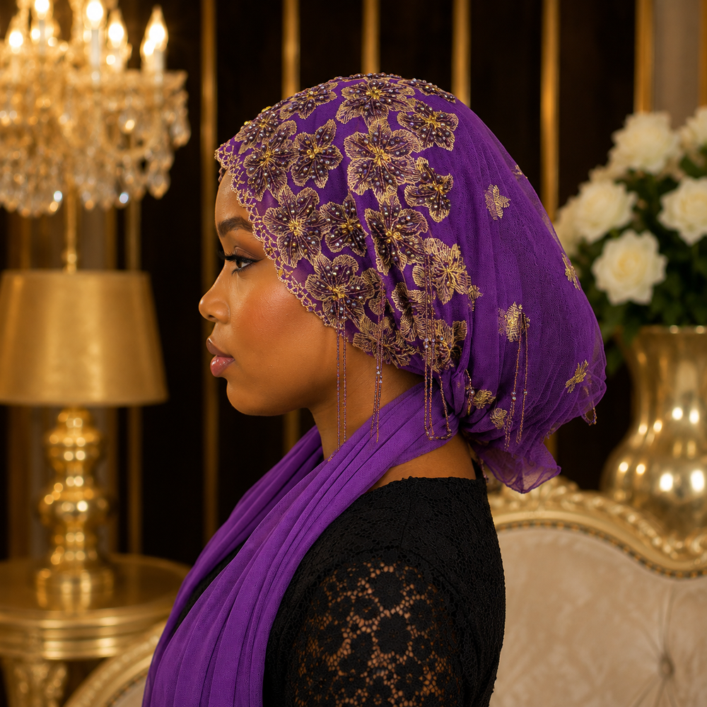 Bonnet Voile Fleur Brodé – Violet & Doré 💜✨