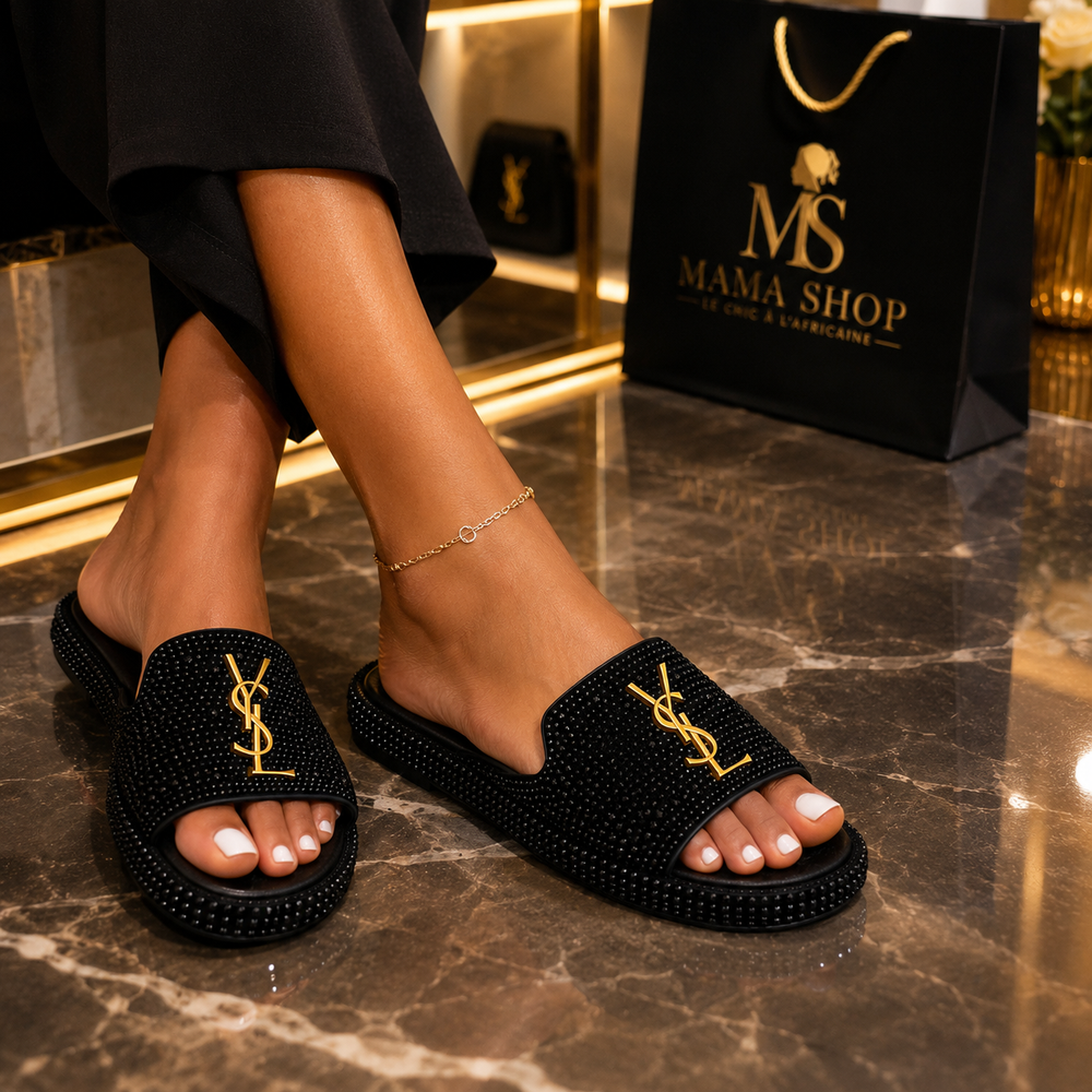 Sandales noires strassées - YSL doré