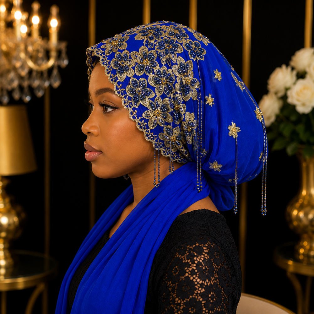 Bonnet Voile Prestige Royal – Bleu & Doré 💙✨