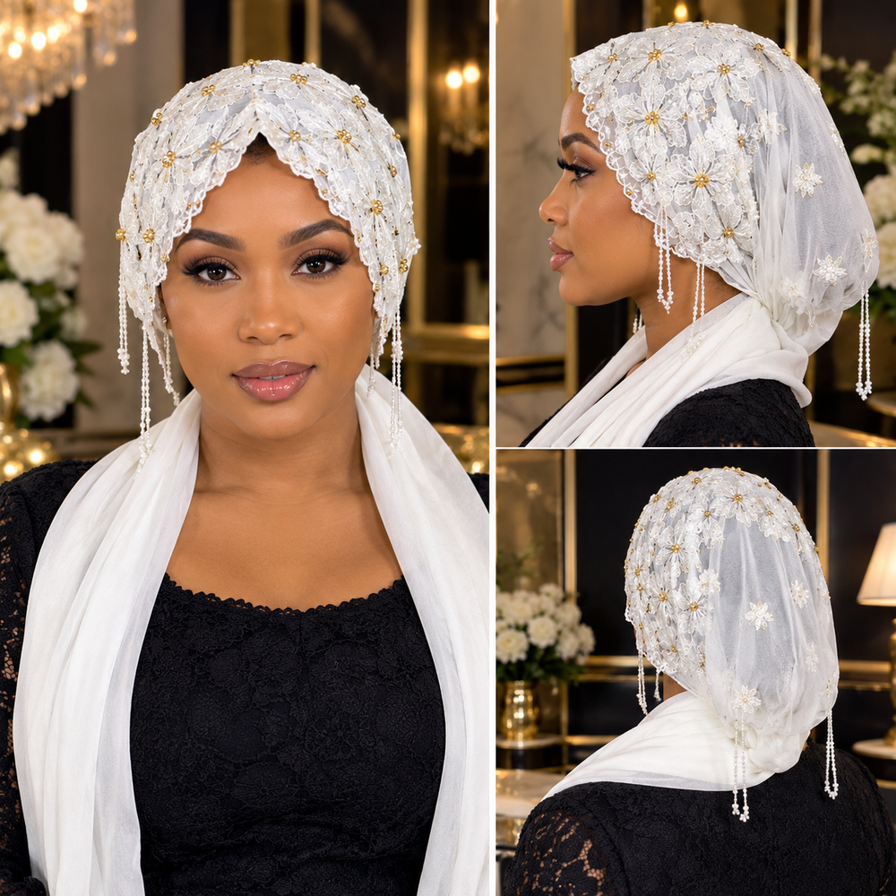 Bonnet Voile Perle Blanche – Blanc & Doré 🤍✨