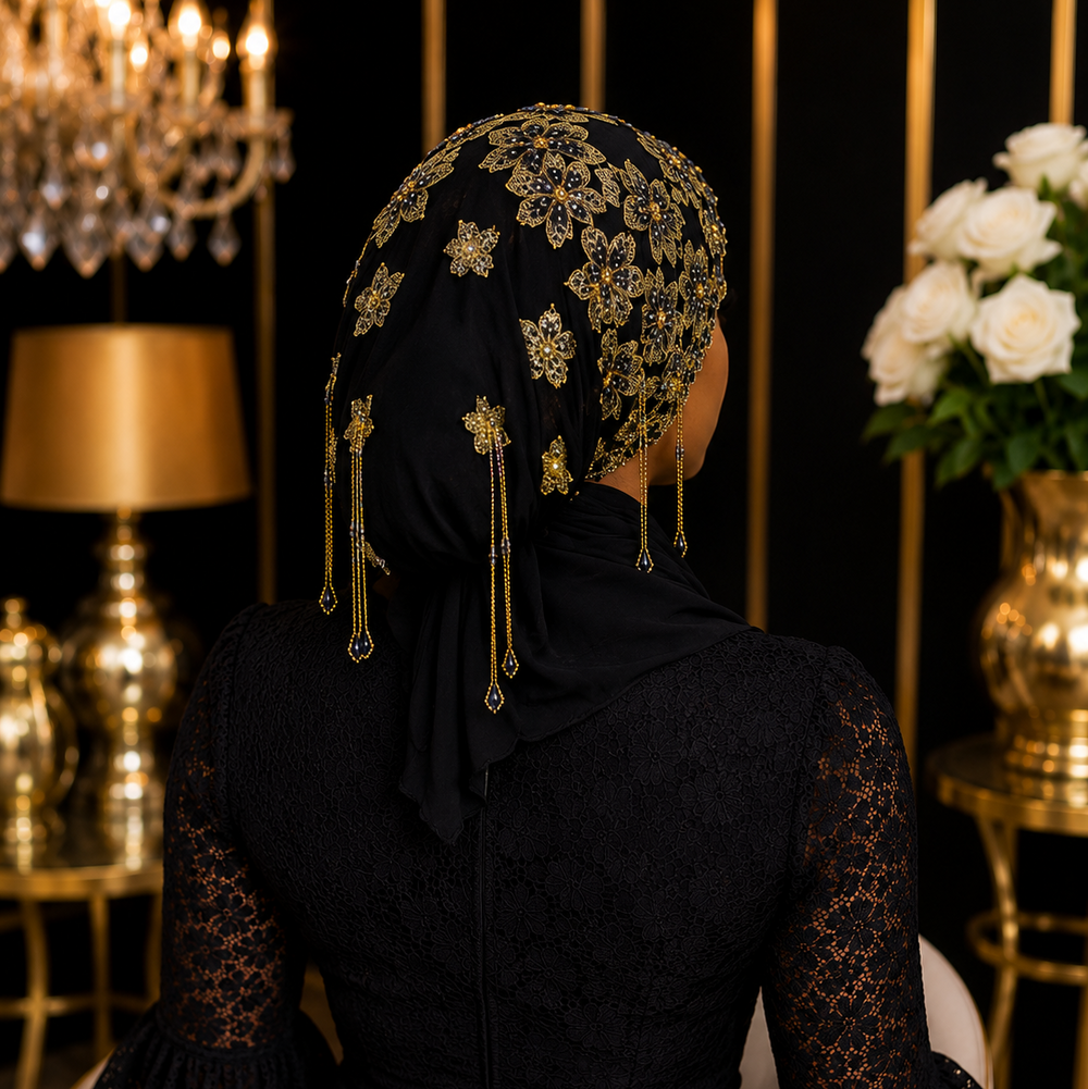 Bonnet Voile Prestige Brodé – Noir & Doré ✨