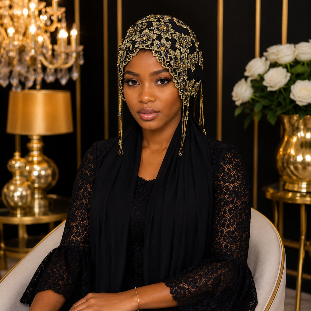 Bonnet Voile Prestige Brodé – Noir & Doré ✨