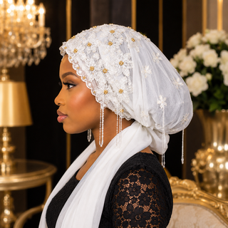 Bonnet Voile Perle Blanche – Blanc & Doré 🤍✨
