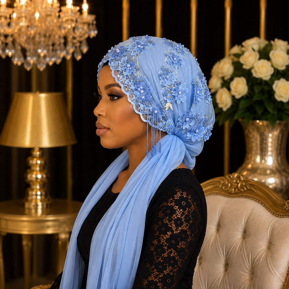 Bonnet Voile Floral Perlé – Bleu Ciel 💎🩵