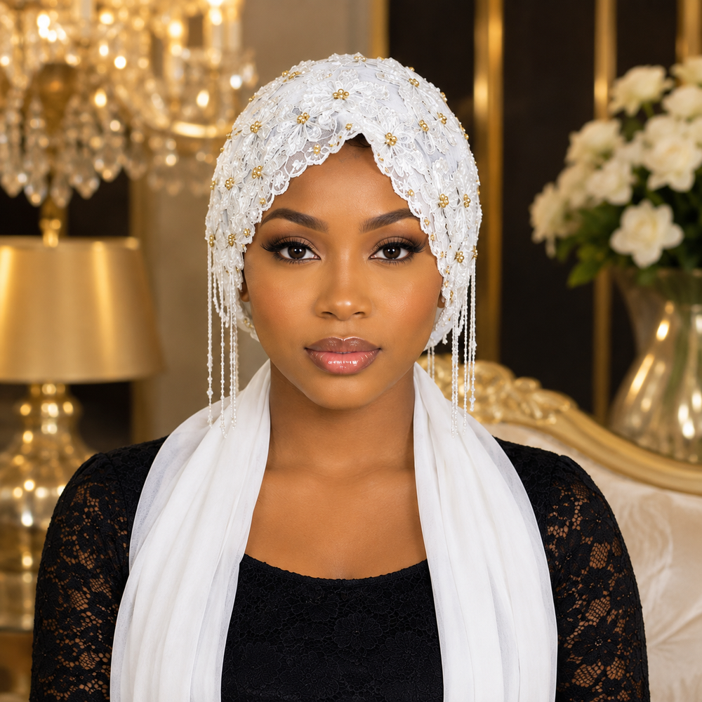 Bonnet Voile Perle Blanche – Blanc & Doré 🤍✨