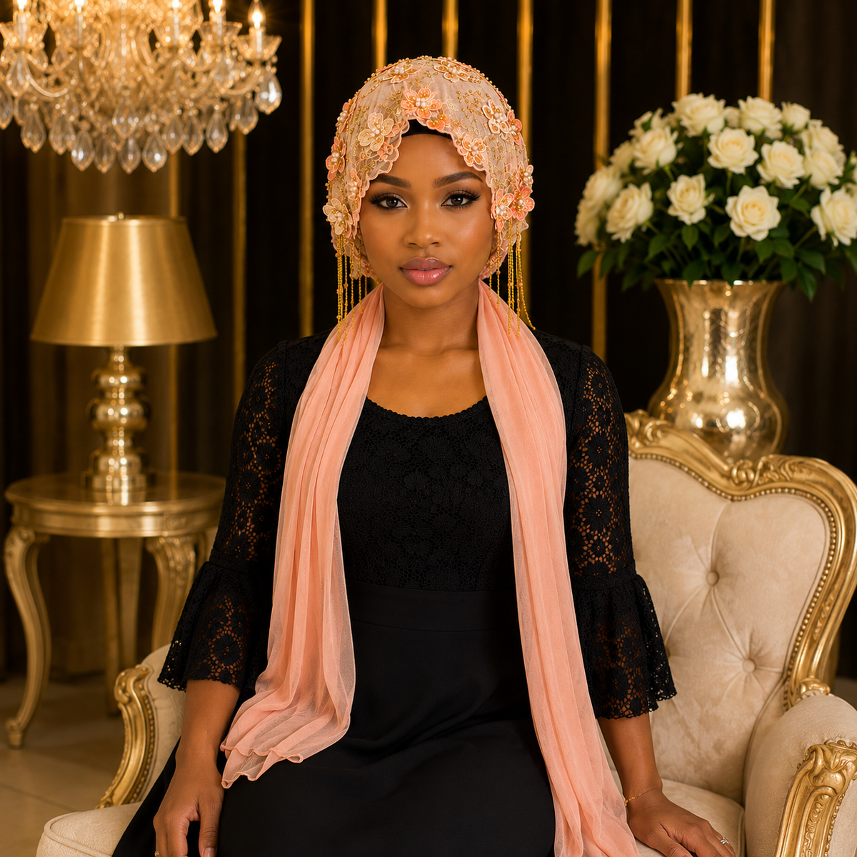 Bonnet Voile Floral Perlé – Pêche & Doré 🌸✨