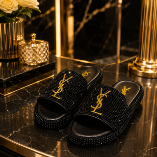 Sandales noires strassées - YSL doré