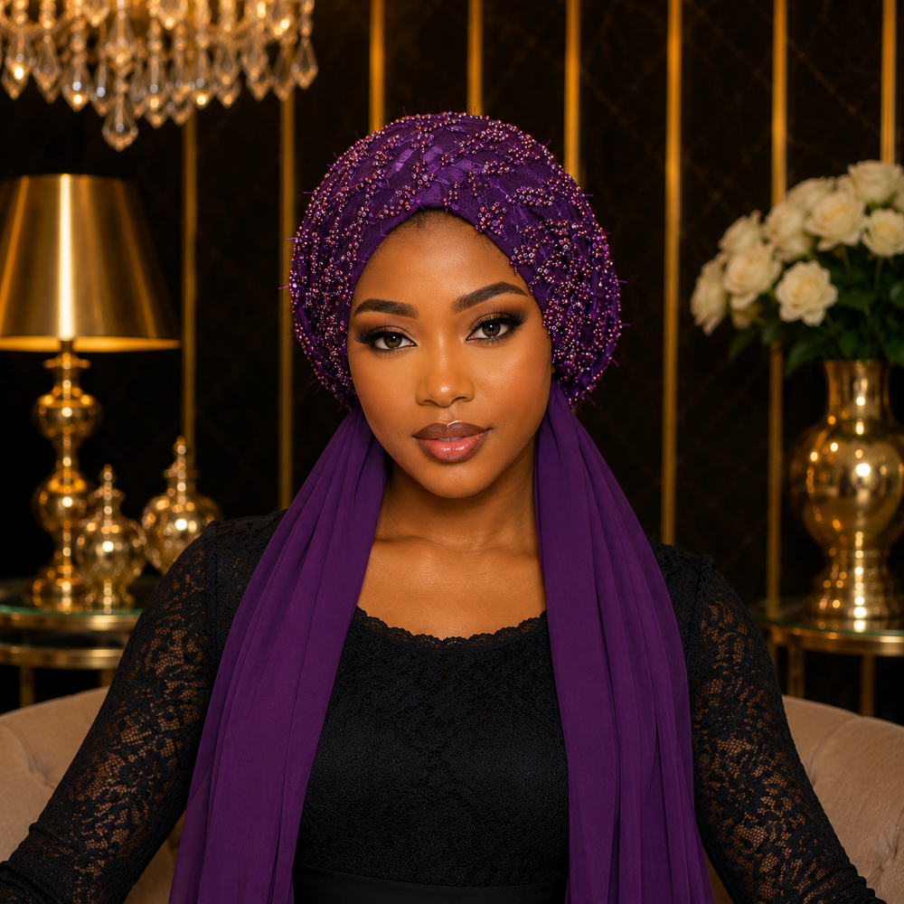 Bonnet Prestige Perlé avec Voile – Violet Royal